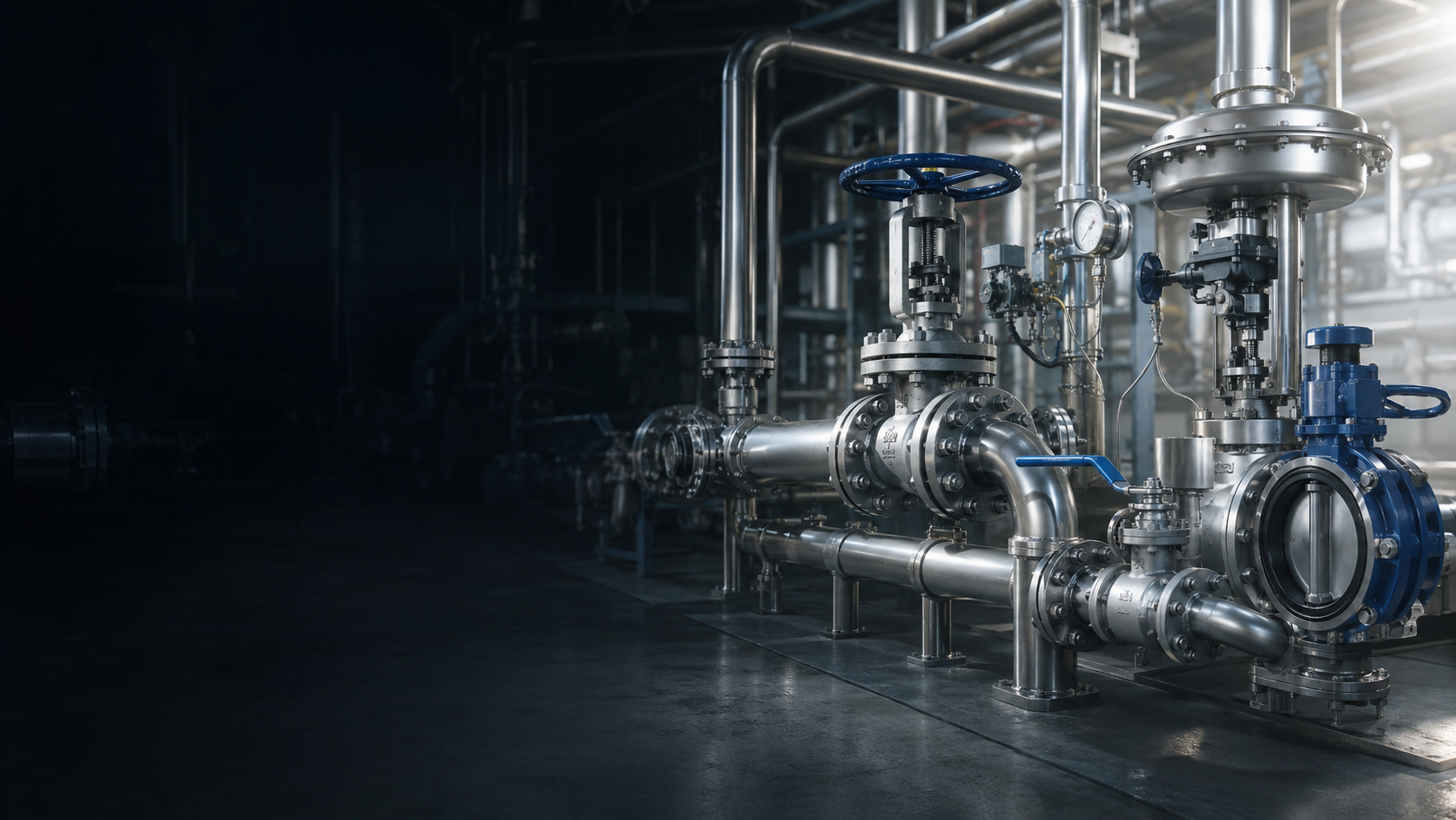 Ambiente industrial com válvulas e tubulações